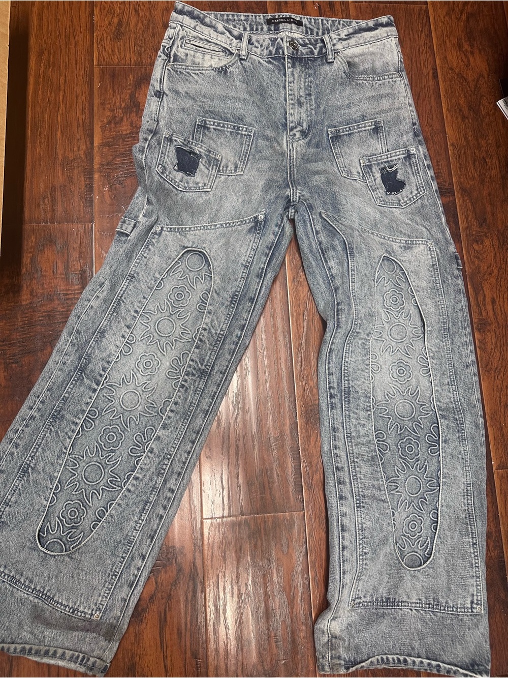 Men's Washed Gray Embroidered Baggy Panel Jeans